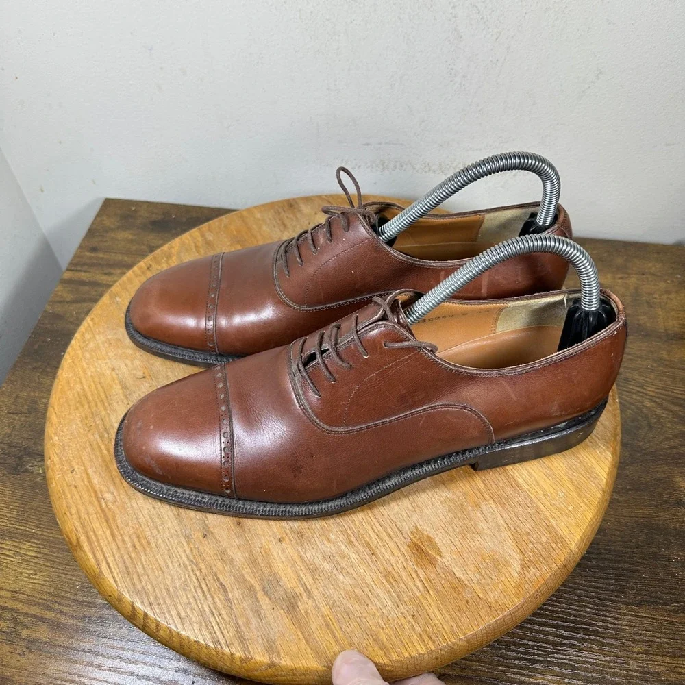 Salvatore Ferragamo Tramezza Brown Leather Cap Toe Oxford Shoes Mens 8 D Italy